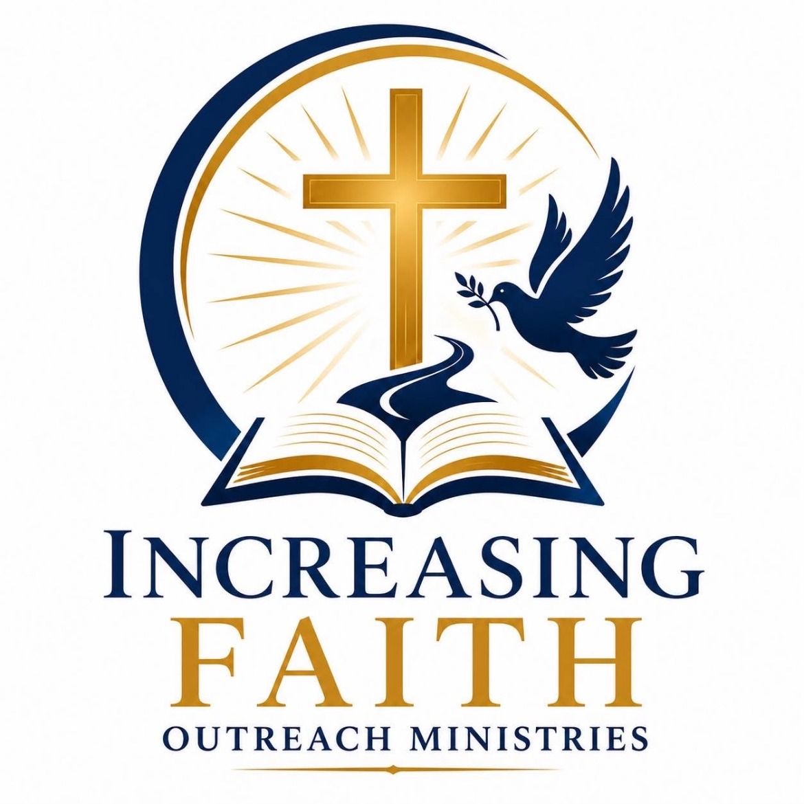 Increasing Faith Outreach Ministries logo — a gold cross, a dove, and an open book.